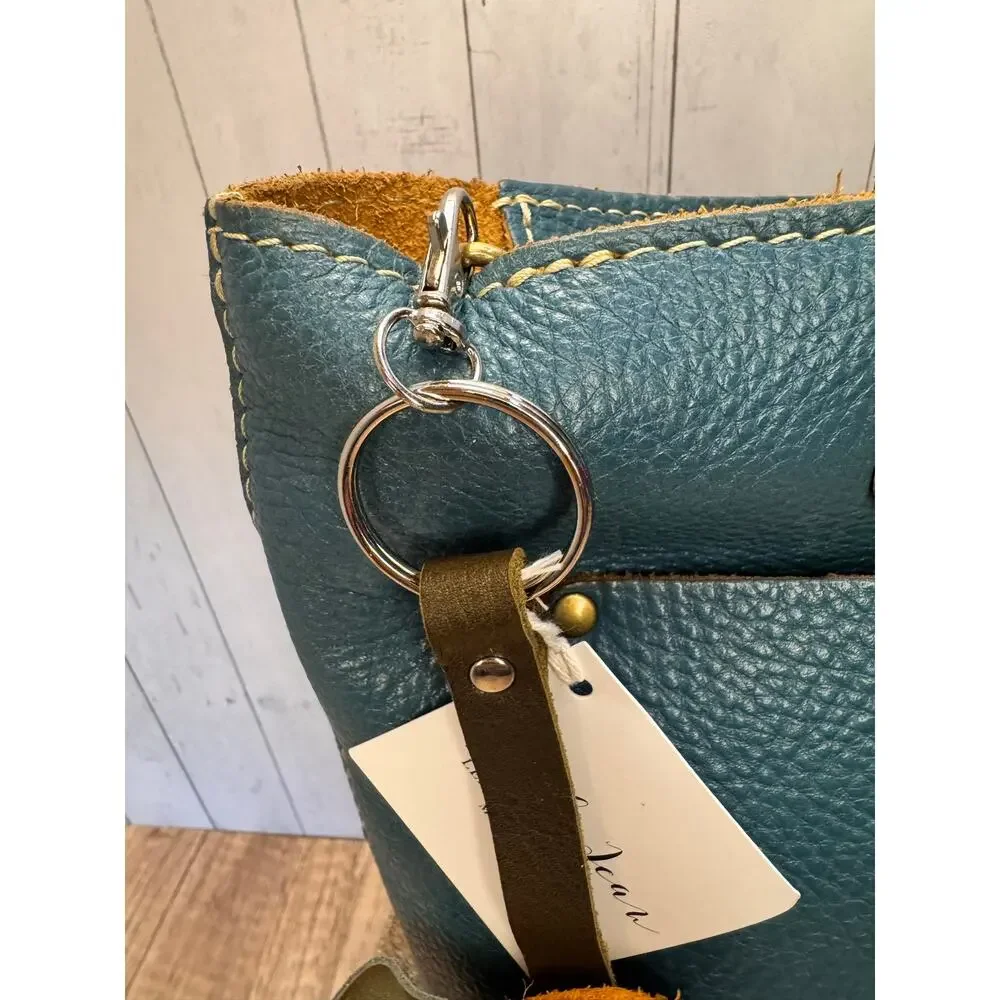 Genuine Leather Round Flower Purse Charm Brown Gold Blue Boho Bag Charm
